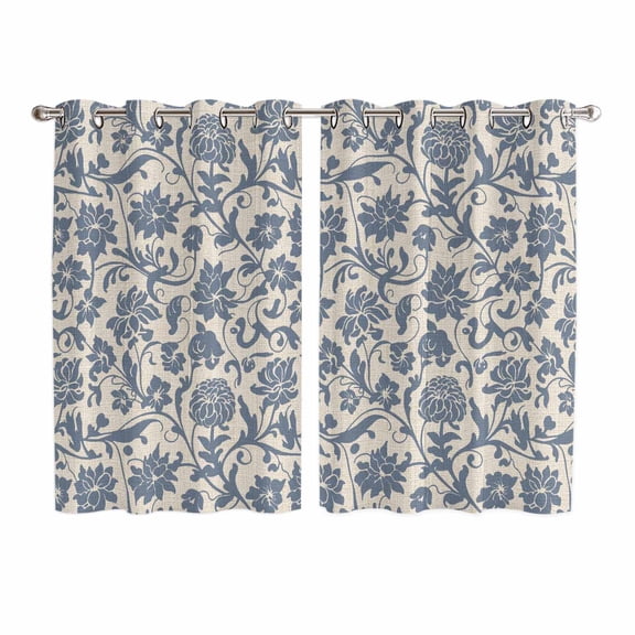 Light Blue Floral Kitchen Curtains 63 Inch Length, Rustic Vintage Flowers Botanical Spring Grommet Top Bedroom Living Room Curtains, Light Filtering Cafe Curtain Drapes 2 Panels Set 104''x63''