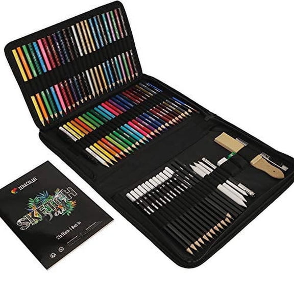 74-Piece Drawing Set - Beginner and Professional, Case with Watercolor, Colored, Graphite, and Charcoal Pencils   Accessories - Sketch Book Included