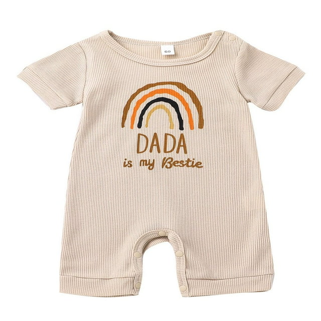 Baby Romper Letter Rainbow Print Crew Neck Short Sleeves Breathable with Bottom Snaps Jumpsuit