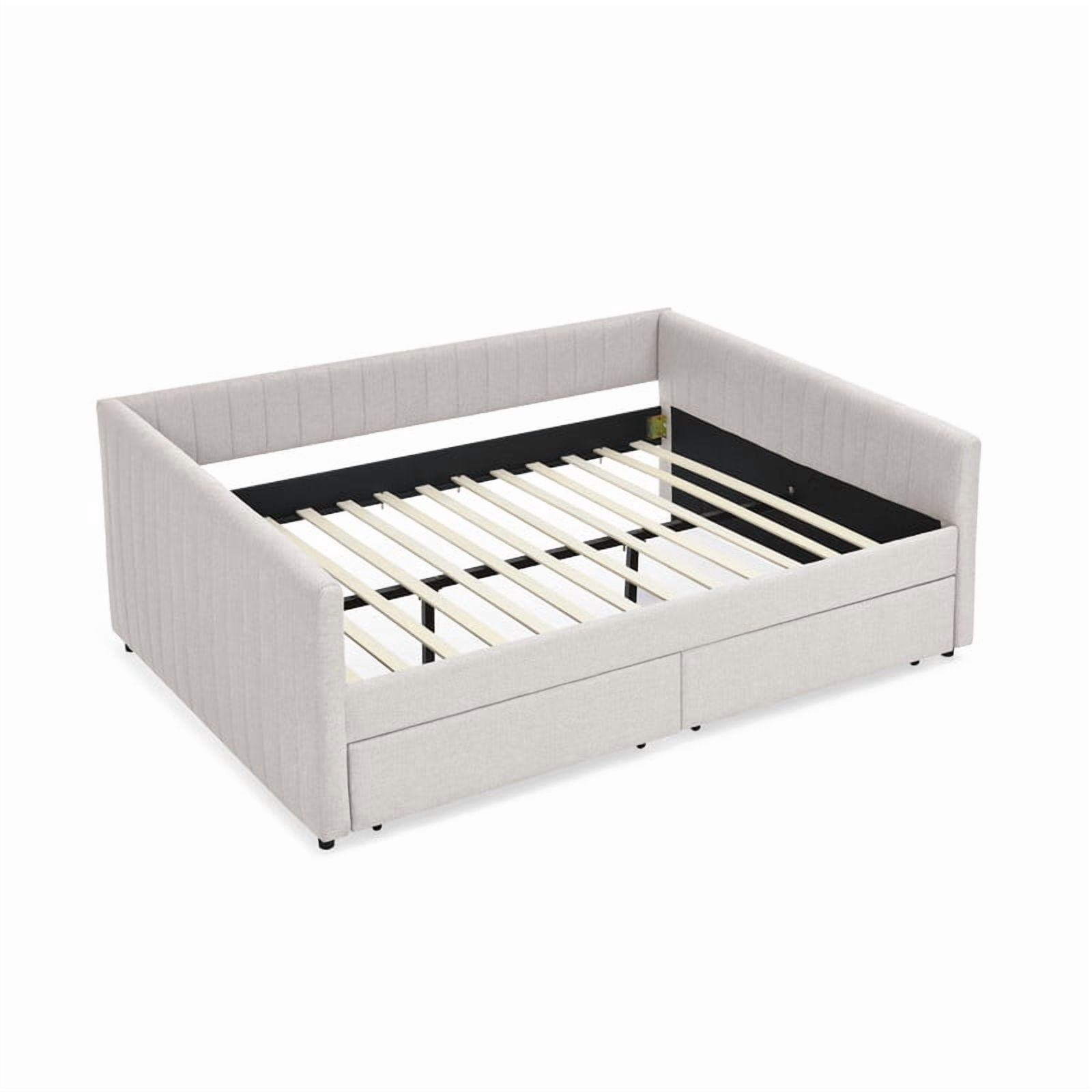 Queen Size Linen Storage Daybed with Trundle & Drawers, Upholstered Sofa Platform Bed Frame with Vertical Stripes Backrest