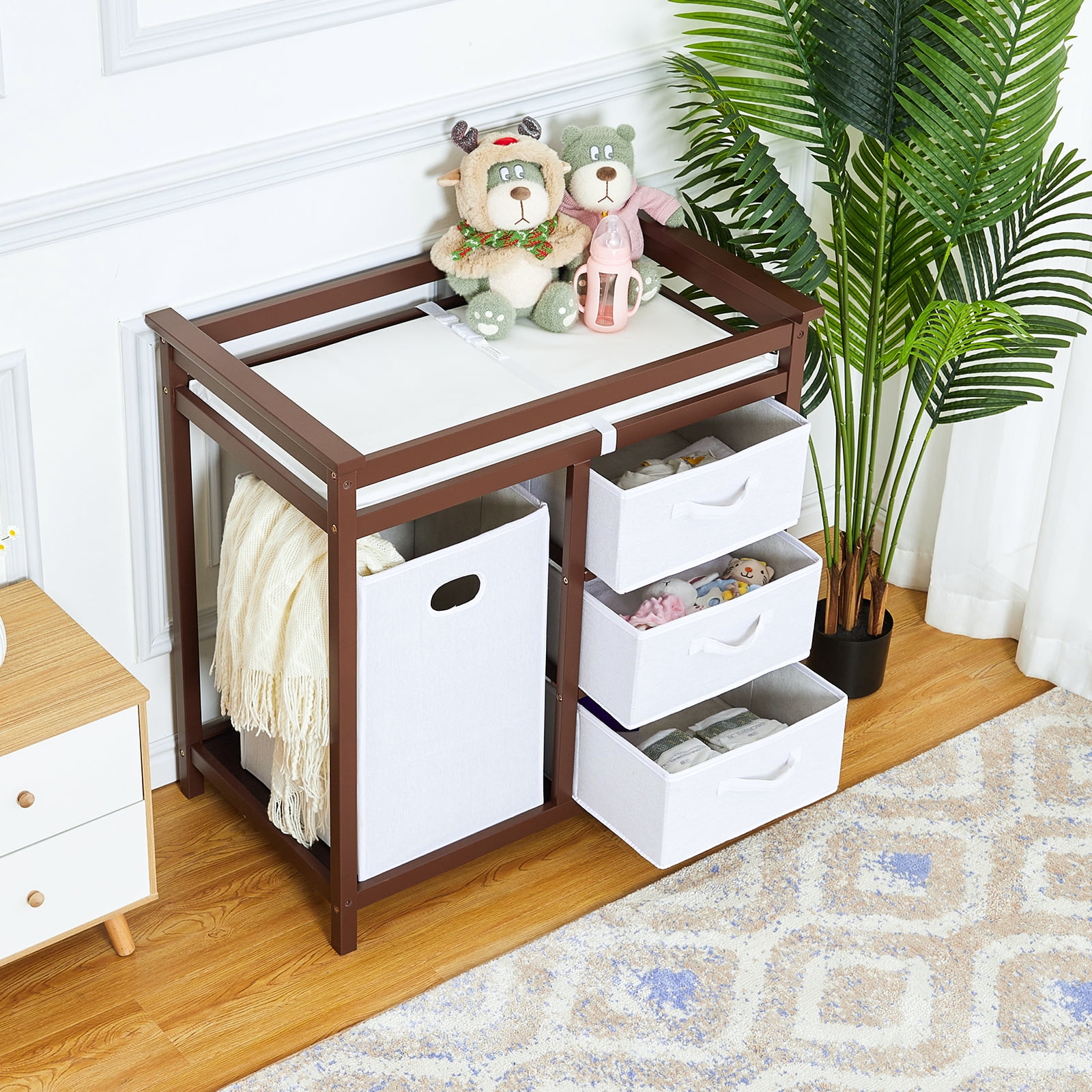 Garvee Baby Changing Table, 3 Drawer Basket & Changing Pad, 34.3"H Wooden Diaper Changing Station with Laundry Hamper, Brown
