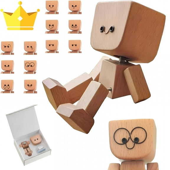 BPPEG Shaking Wooden Man Figurine,Charming Little Wooden Figure That Sways,Handmade Shaking Feet Wooden Man with 12PCS Magnetic Expressions,Funny Wood Desktop,Car Dashboard Decor Gifts