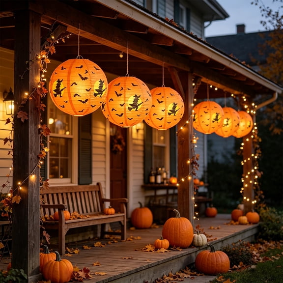 Cheap Halloween Decorations Saving Oudoor Indoor -- Halloween Paper Lanterns Round Hanging Decoration Bats Witch Designs Indoor Outdoor Party Ghost House Home Decor Reusable (Orange)