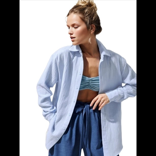 Camisas de Mujer con Botones, Larga, Algodón, Informales, con Cuello, Corte Holgado. Azul L