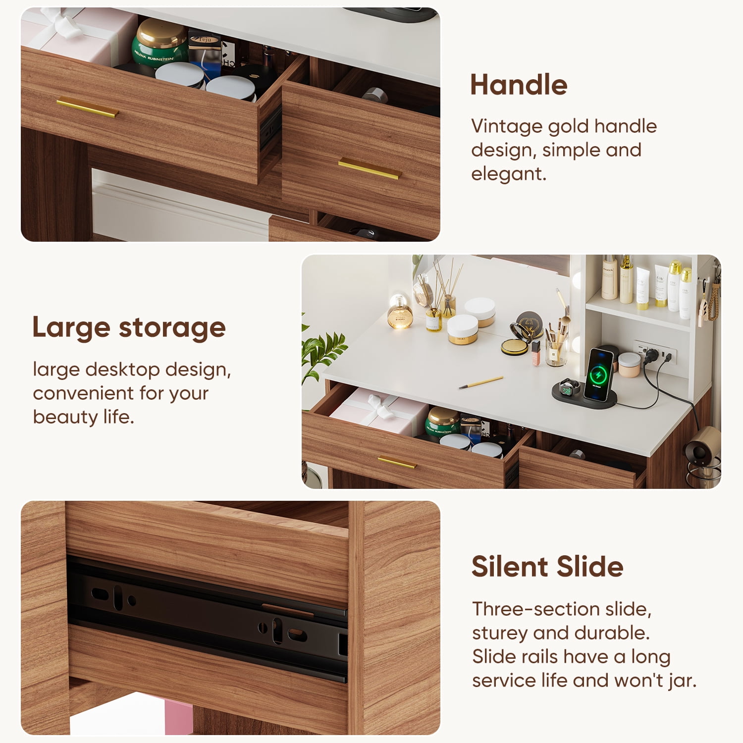 Raffle Pinker Vanity Desk Makeup Dressing Table with Mirror and Lights,4 Drawers,Storage Shelves,Power Outlet,Brown