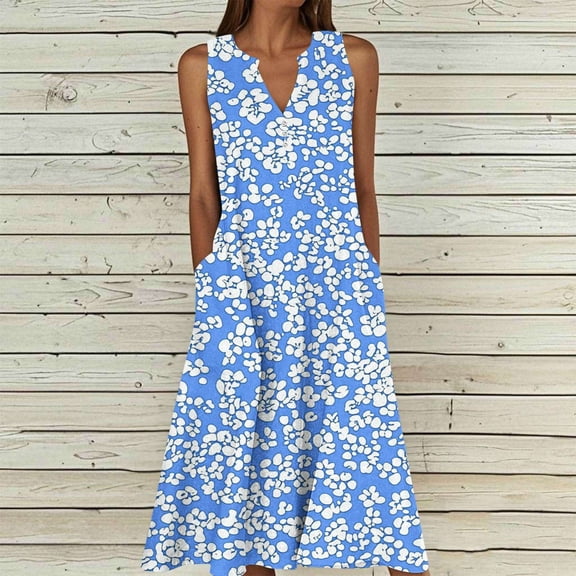 Uscallm Women Plus Size V Neck Sleeveless Boho Floral Flowy A-Line Midi Party Dresses Casual Summer Shift Sundresses, Light Blue 4XL