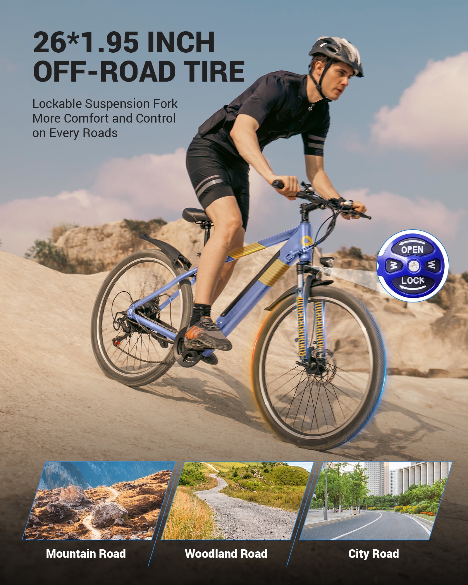 MIHOVER 26*1.95" Electric Bike for Adults 750W Peak 20MPH, 48V Removable Battery 40 Miles, Shimano 21-Speed Adjustable Fork，UL2849 City & Light Off-Road E-Bike with Lock-Blue