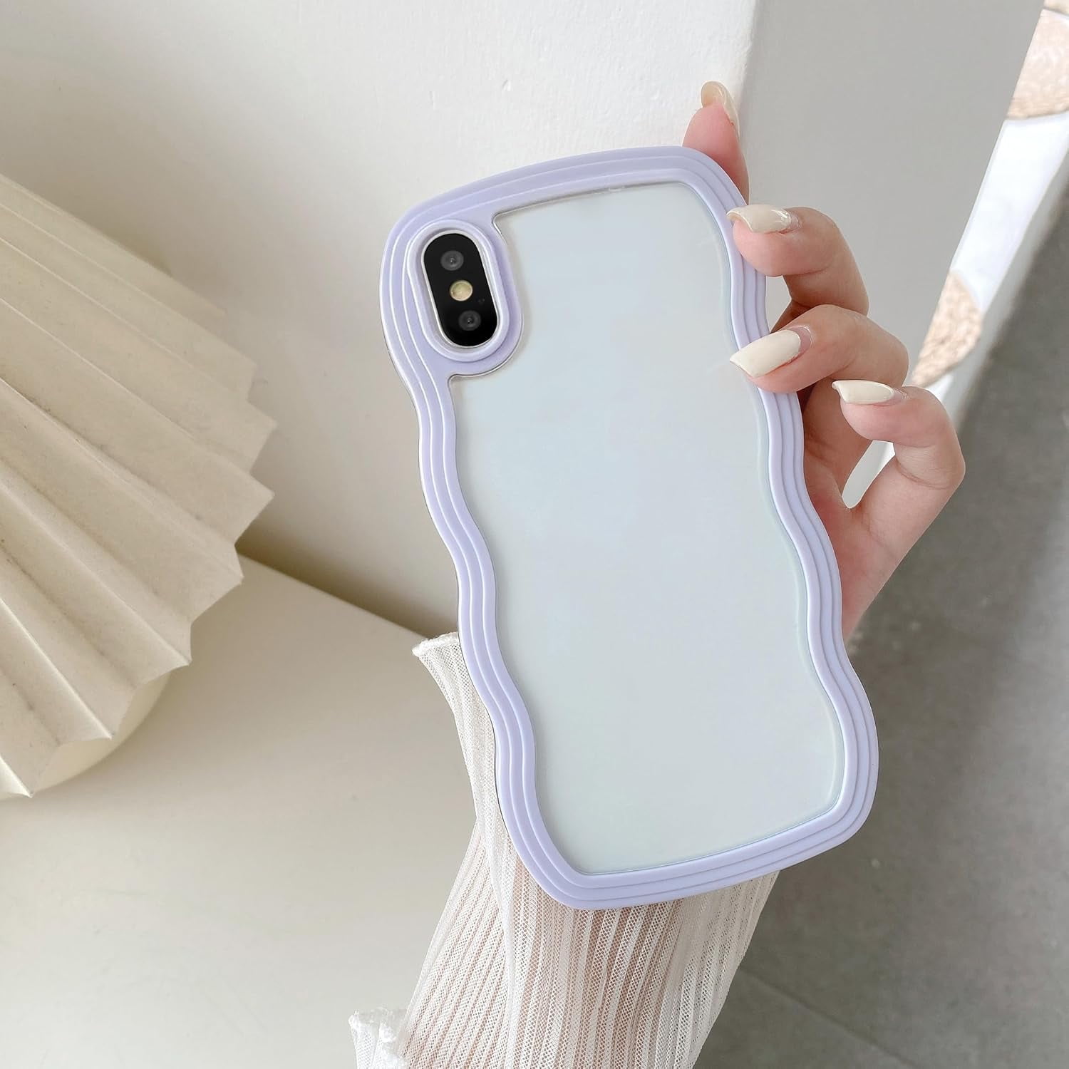 Wave Frame Clear Case for iPhone X/XS, Curly Clear Phone Case, Cute Wavy Phone Case for Girl Slim Fit Shockproof Phone Cover Bumper Soft Pretty Case for Women - Purple