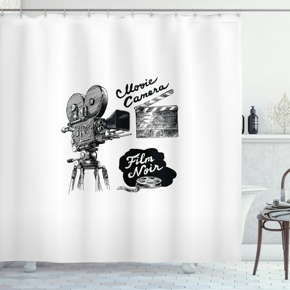 Movie Theater Shower Curtain, Antique Movie Camera Hand Drawn Style Art Film Noir Genre Themed Print, Fabric Bathroom Set with Hooks, 69W X 70L Inches, Black and White, by Ambesonne