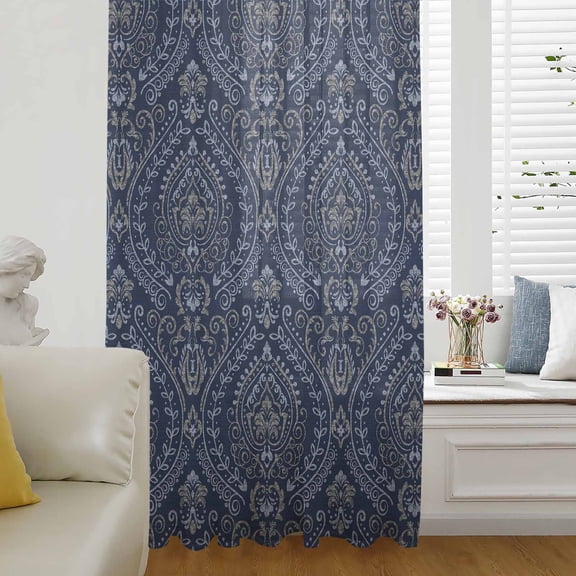 Navy Blue Semi Sheer Curtains Drapes for Living Room, Bedroom, French Doors Window 45 Inches Long, Boho Vintage Ethnic Tribe Abstract Art Rod Pocket Chiffon Curtain Drapery Voile Draperies Panel