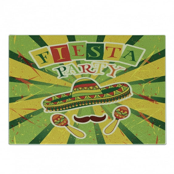 Fiesta Cutting Board, Sprites with Sombrero Maracas Mustache Mexican Hand Drawn Illustration, Decorative Tempered Glass Cutting and Serving Board, in 3 Sizes, by Ambesonne