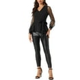 thumbnail image 2 of INSPIRE CHIC Women's Mesh Long Sleeve V Neck Ruffle Hem Peplum Top with Belt, 2 of 5