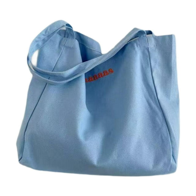 KLKCMS Sac Fourre-Tout en Toile Broderie Lettre Sac à Bandoulière Élégant Réutilisable Mode Décontracté Bleu