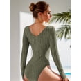 Anyshow Women's Tummy Control Deep V Neck Bodysuit Long Sleeve Knit Ribbed Tops Slim Fit