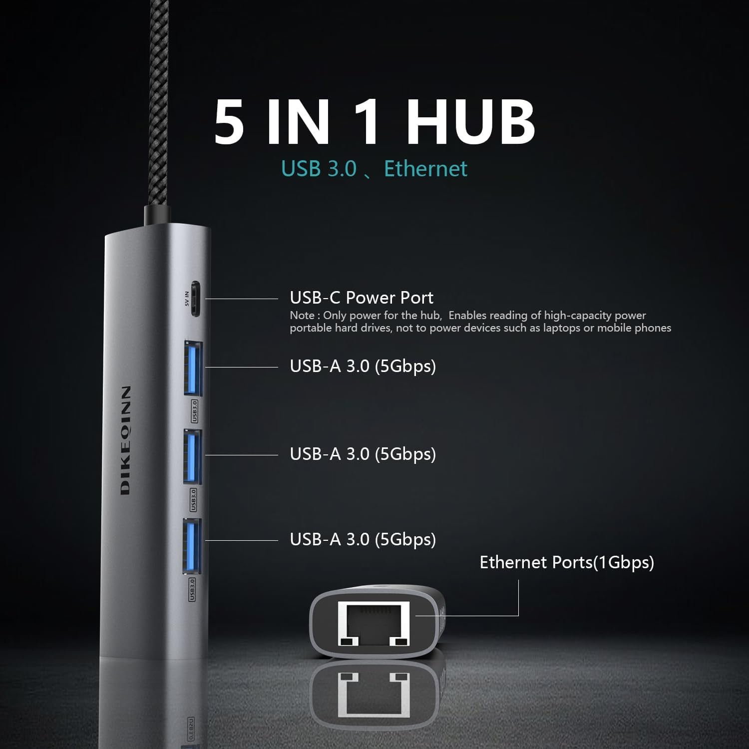5-in-1 USB C or USB A Hub with Gigabit Ethernet, Aluminum Type-C to RJ45 Adapter, 3 USB 3.0 Ports & 5V Power Port, for MacBook Pro/Air, Dell XPS, Surface, PC