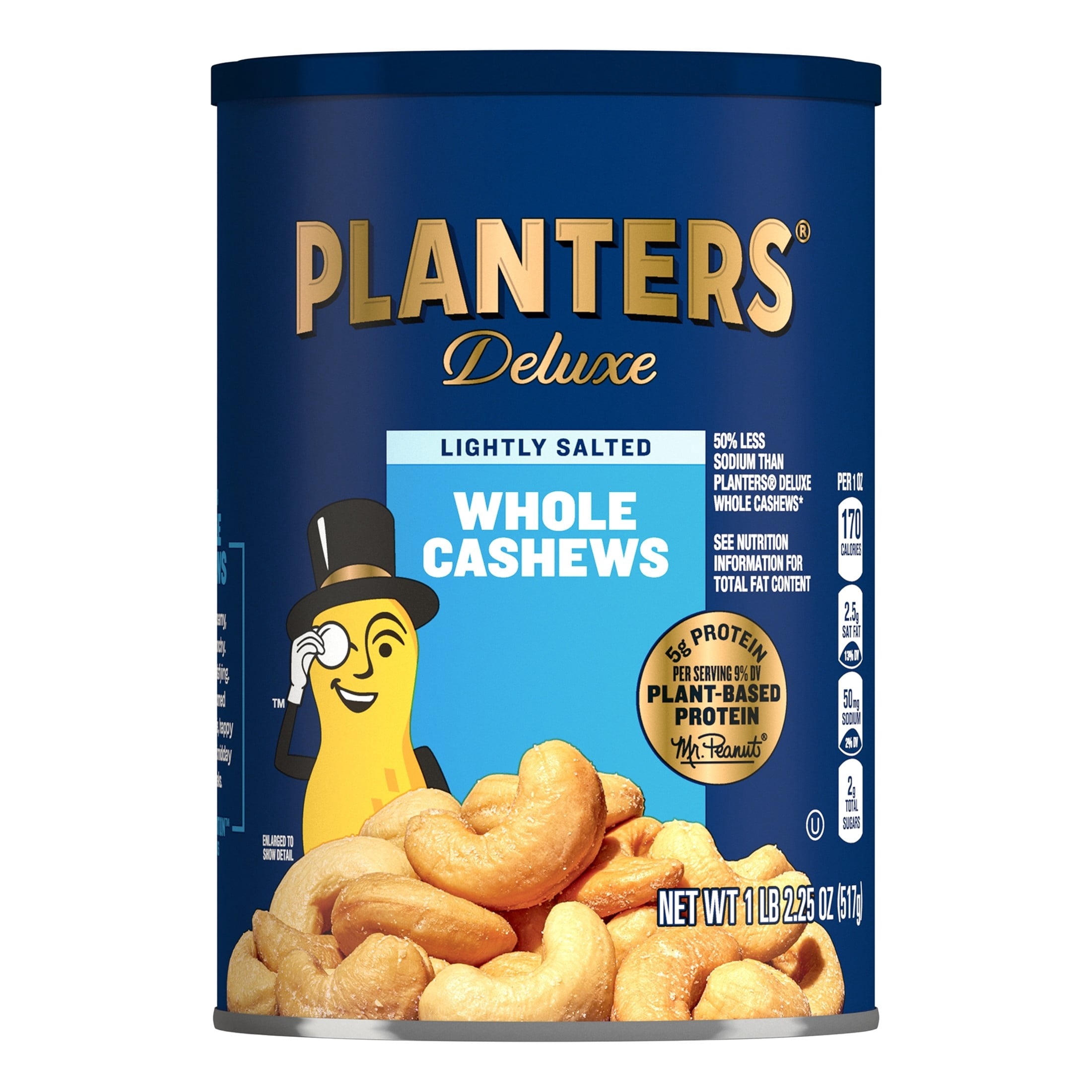 Planters Deluxe Lightly Salted Whole Cashews, 5g Protein (9% DV) per serving, Gluten Free Snacks for Adults, 18.25 oz Resealable Canister