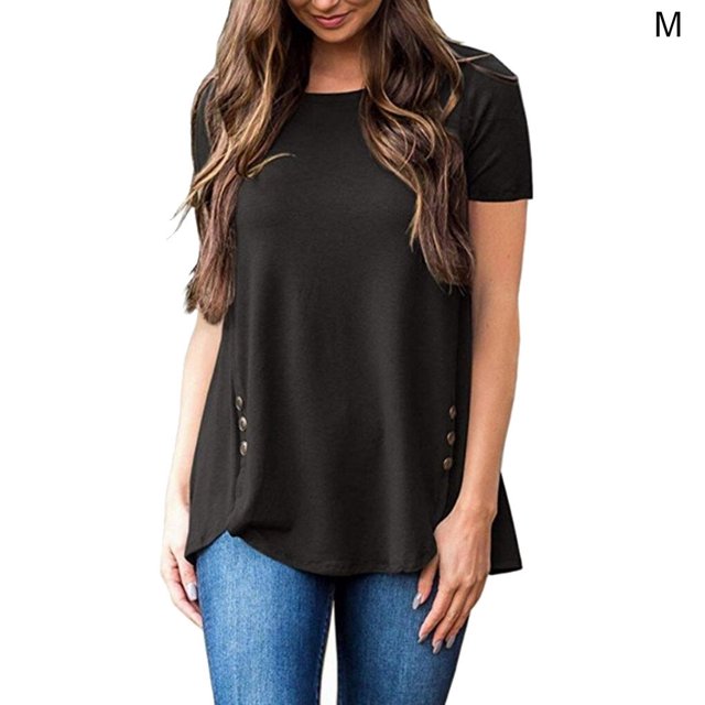 Femmes T-shirt Couleur Unie Bouton Col Rond T-shirt Haut Col Rond Chemisier à Manches Courtes, Noir, M