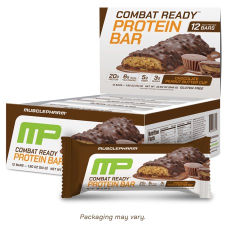 MusclePharm Combat Sport Bar, Chocolate Peanut Butter Cup, High Protein Bars, Combat Cravings, Fuel Performance & Meet Energy Demands, 20g Protein from Whey Protein, 5g Fiber, Gluten Free, 12 Bars