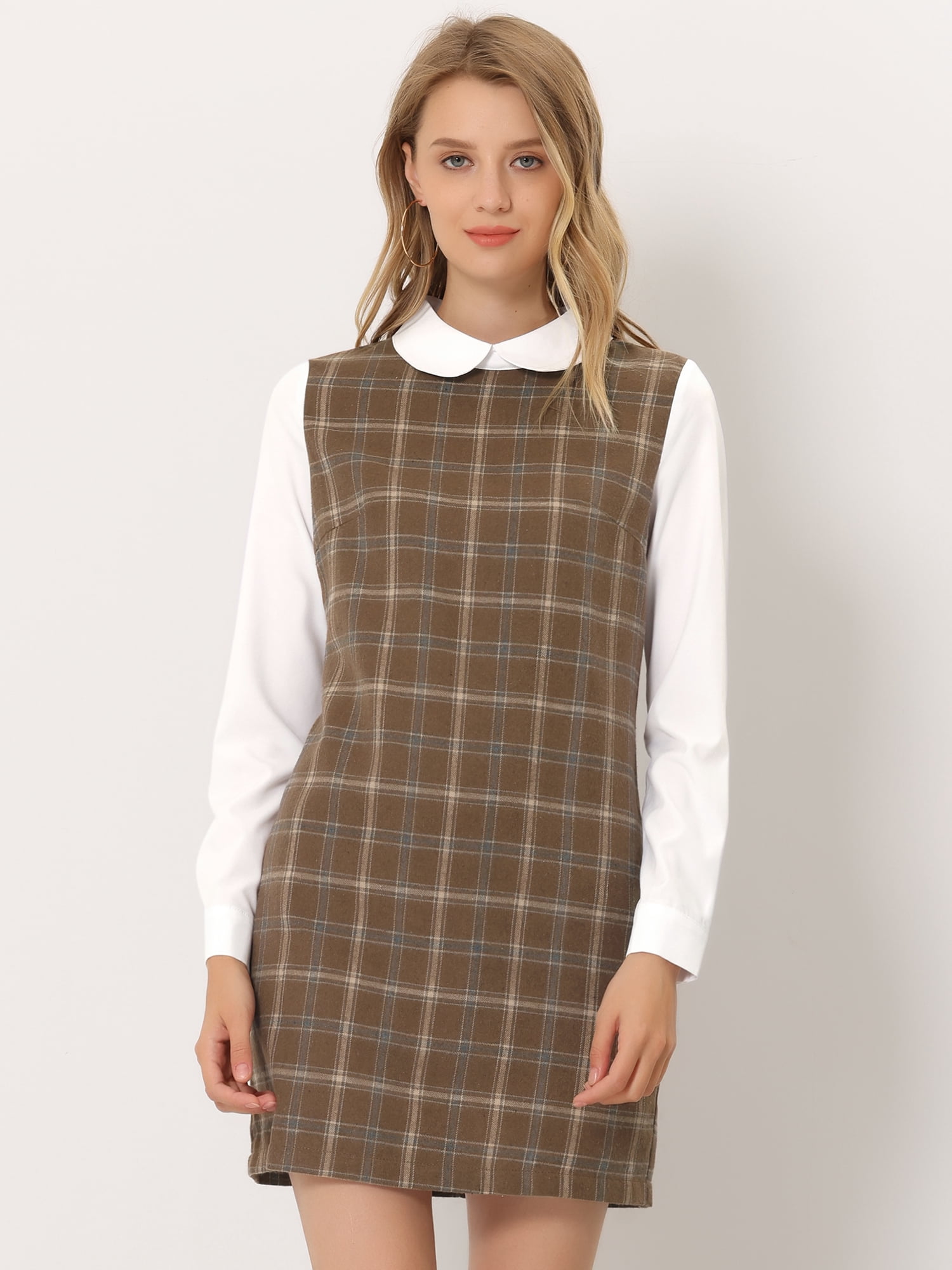DARING DIVA Plaid Peter Pan Collar Long Sleeve Check Shift Dress XS Brown