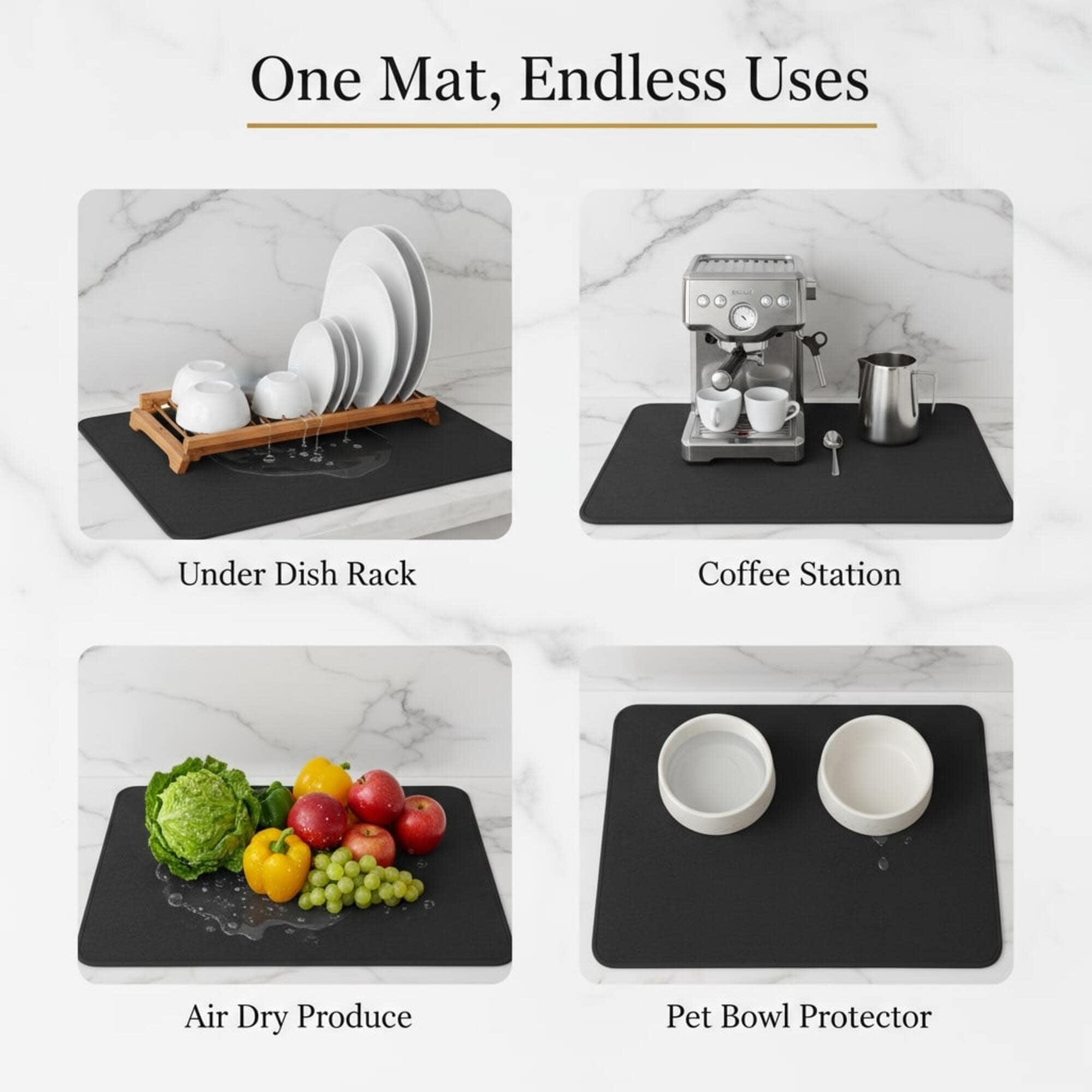 STRABELLA: Dish Drying Mat - 24x16", Black - Super Water Absorbent, Quick Dry Foam, Multi-Purpose, Kitchen Countertops, Non-Slip, Machine Washable