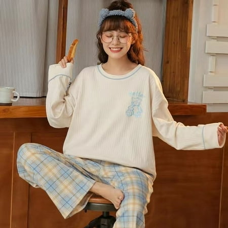 

CoCopeaunt 100% Cotton Women Pajama Set Summer Sleepwear Long Cute Pijamas Girls Homewear Long Pants Cartoon printing Home Clothes Pyjama