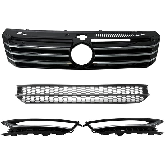 Black 4PCS Front Lower Grille Grill & Fog Light Cover Bezel with Hole and Upper Grille Cover W/Chrome Trim Compatible with Volkswagen 2012 2013 2014 2015 VW Passat