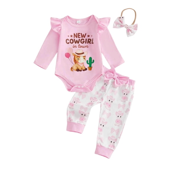 Dmsael Western Baby Girl Clothes Romper Pants Headband Infant 3PCS Outfit 0 3 6 9 12 Months,9-12 Months