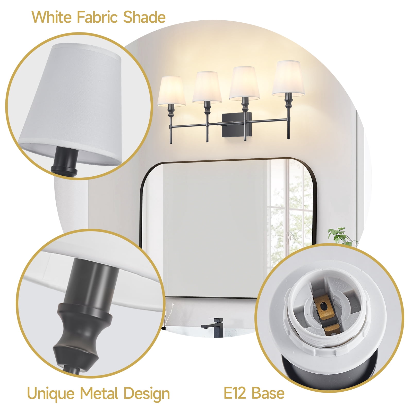 Black Bathroom Vanity Light 4 Light，32.3In Vintage Bathroom Light Fixtures Over Mirror,Hardwired Vanity Wall Sconce with Flared White Fabric Lampshade for Bedroom,Living Room,Foyer,E12 Base