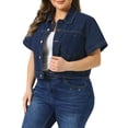 thumbnail image 4 of Agnes Orinda Women's Plus Size Cropped Denim Jackets Classic Lapel Short Sleeve Button Down Washed Casual Jean Jacket with Pocket 1X Dark Blue, 4 of 6