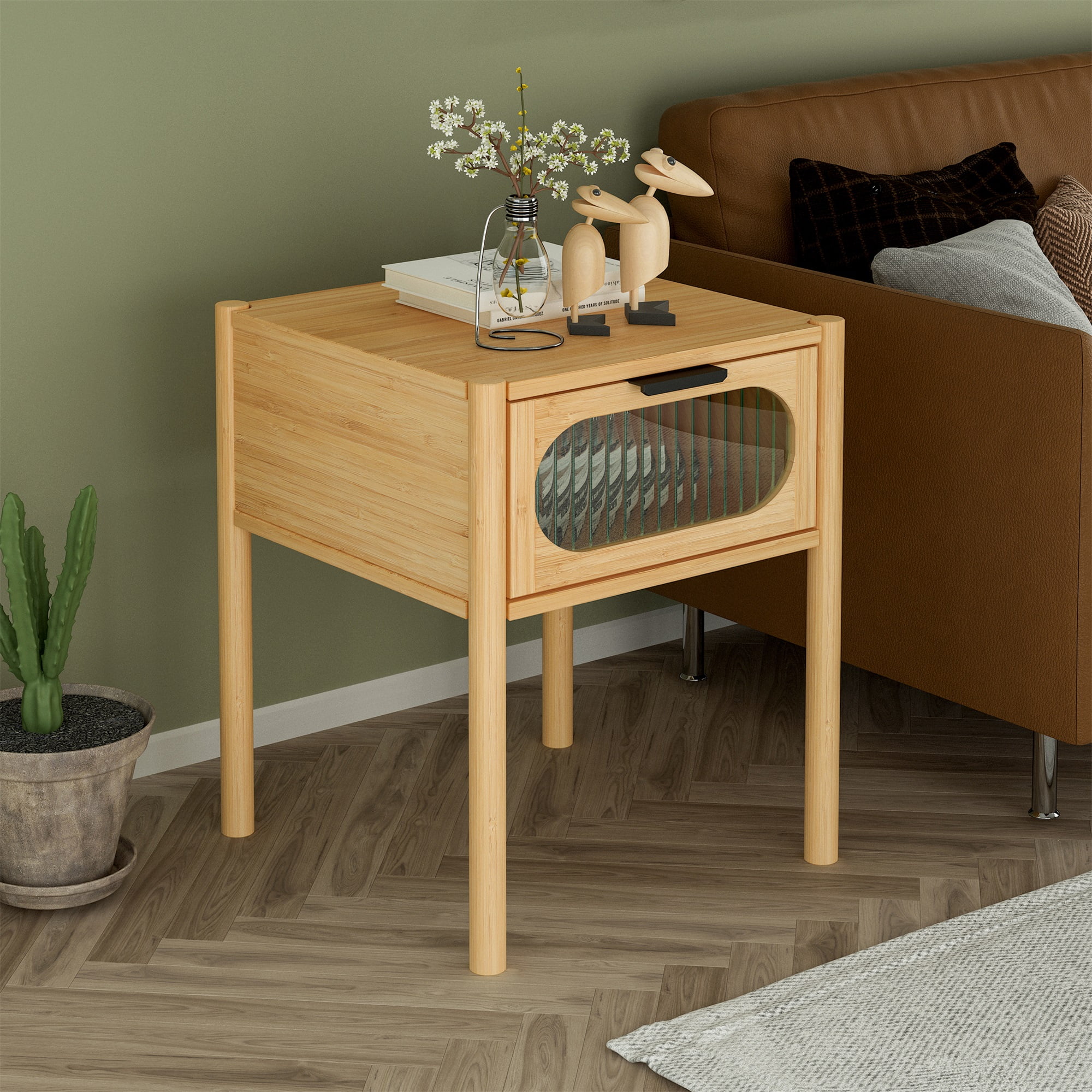 Resenkos Natural Bamboo Accent End Table for Bedroom with Drawer Resenkos Natural Bamboo Accent End Table for Bedroom with Drawer