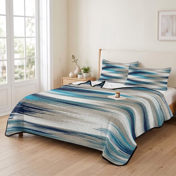 Queen Quilt Bedding Set, Slate Blue Sand Striped Lightweight Coverlet Summer Comforter Set Soft Microfiber Bedspread, Abstract Geometric Art 3 Piece Quilt Set with 2 Pillow Shams All Seasons Use