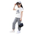 thumbnail image 3 of Girls Summer 2 Piece Outfits Crew Neck Short Sleeve Print Tees Plaid Elastic Waist Pants Casual Trendy Clothes (7 Years, Black), 3 of 4