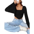 thumbnail image 4 of Cenuakty Women´s Textured Crop Tops Long Sleeve Scoop Neck Hanky Hem Solid Color Slim Fit T-Shirt Streetwear, 4 of 6