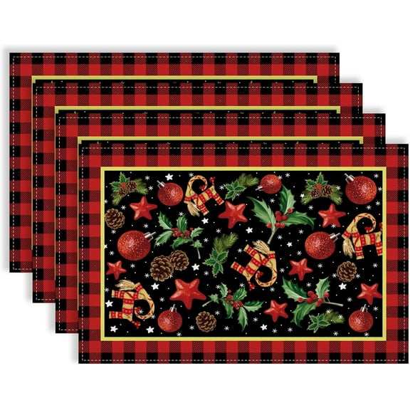 Linen Yule Placemsts Set of 4 Pagan Christmas Table Mats Scandinavian Straw Goat Julbock Mistletoe Christmas Decorations and Supplies for Home Table-12×18''''