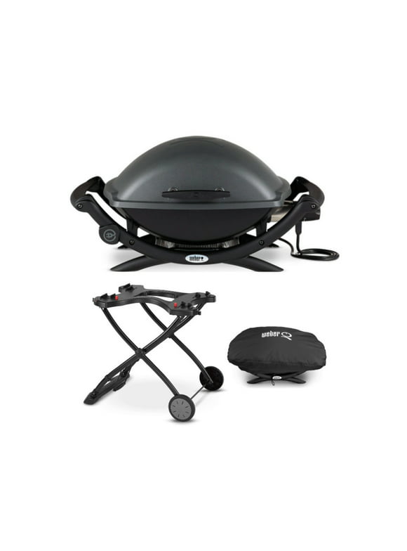 Weber Q 2400 Electric Grill (Black) with Grill Cover and Cart Bundle