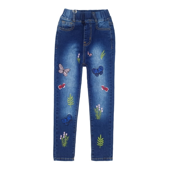 KIDSCOOL Girls Embroidered Jeans,4-15T Ribbed Elastic Waist Denim Pants,3-4 Years