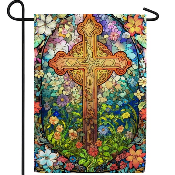 America Forever Easter Cross Garden Flag 12.5 x18 inch Double Sided Glass Style Flowers He is Risen Small Spring Holiday Seasonal Easter Day Flags for Outdoor Yard Lawn Decoration