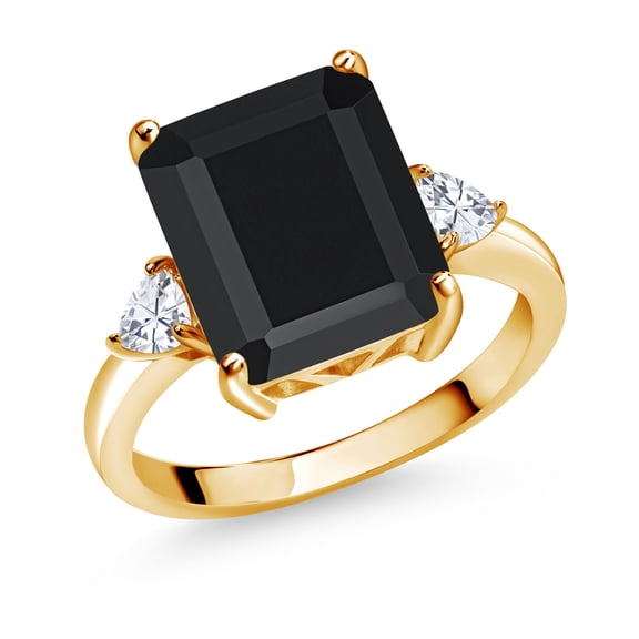 Gem Stone King 18K Yellow Gold Plated Silver 3-Stone Ring Octagon Black Onyx and Moissanite (6.09 Cttw, Size 7)