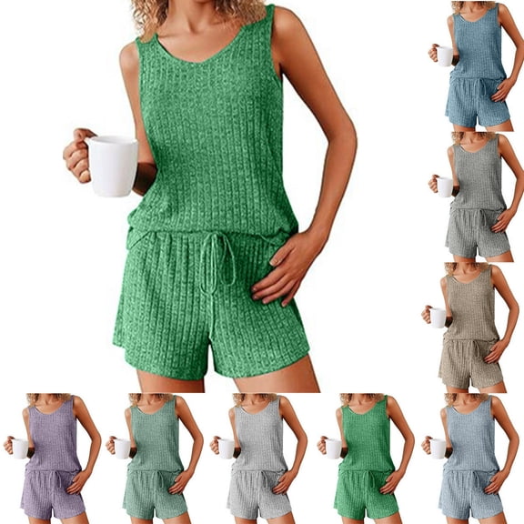 Agkizg Fall Women's Tank Pajama Sets,Cotton Pajamas for Women Set,Sleeveless Tank Sleep Tops and Sleepwear Shorts 2 Piece Loungewear Set Soft Comfy Nightwear