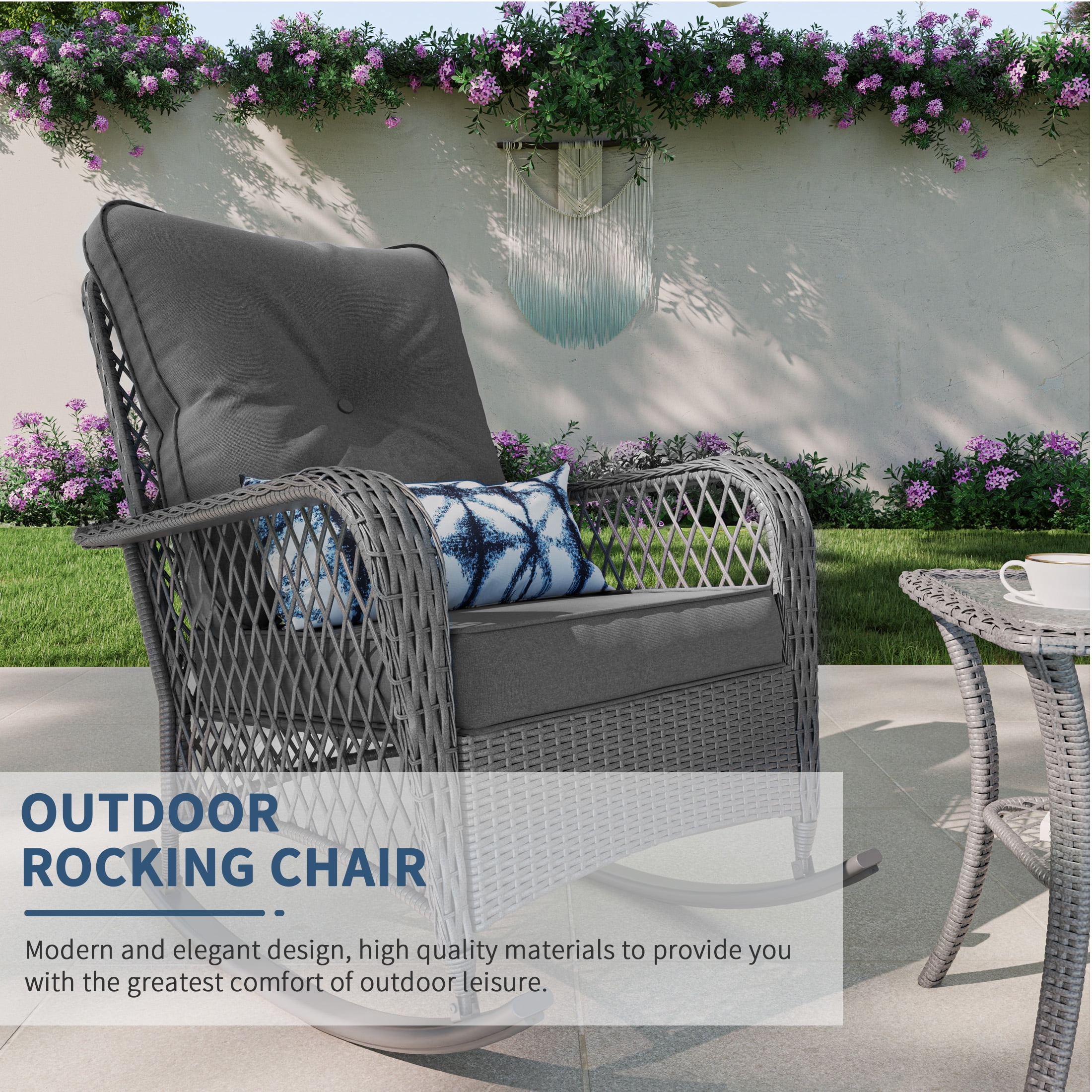 Poteban 3-Piece Outdoor Rocking Chairs, Wicker Patio Furniture with Thickened Cushions and Table for Porch (Gray)