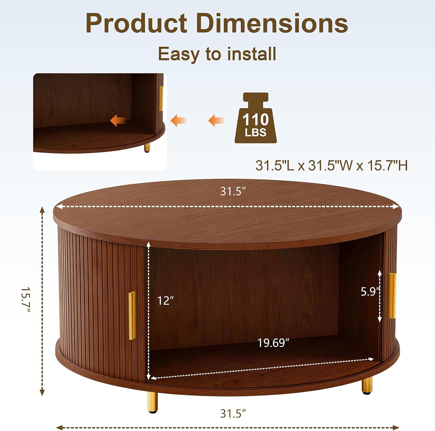 31.5" Round Coffee Table, Mid Century Modern Coffee Table with 360° Sliding Tambour Door, Fluted Accent Coffee Table with Storage Adjustable Footpads for Living Room, Walnut