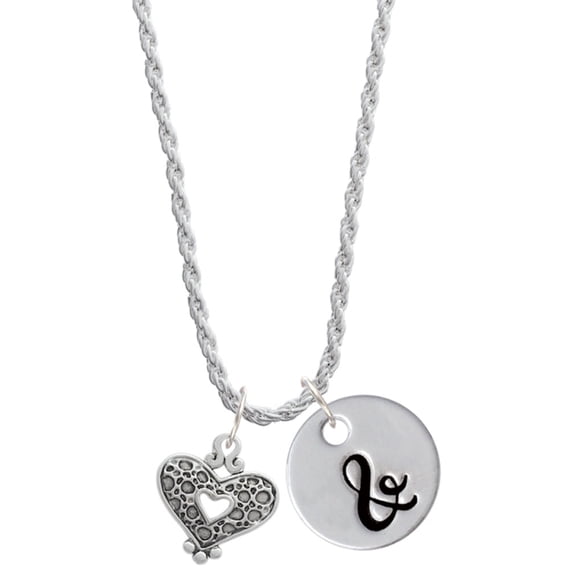 Delight Jewelry Antiqued Reptile Print Open Heart Silvertone Script Initial Disc - & - Charm Necklace, 20"+3"