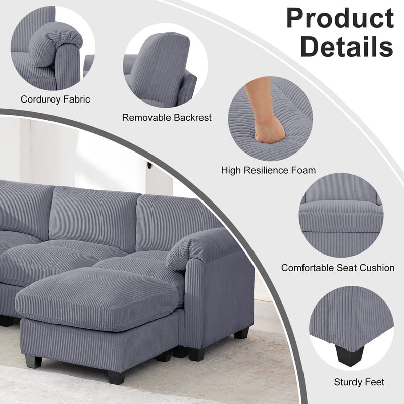RIAFUN Modular Sectional Sofa, L Shaped Corduroy Sofa Couch, Modular Sectionals with Ottomans, 5 Seat Sofa Couch with Chaise for Living Room Bedroom, Dark Gray