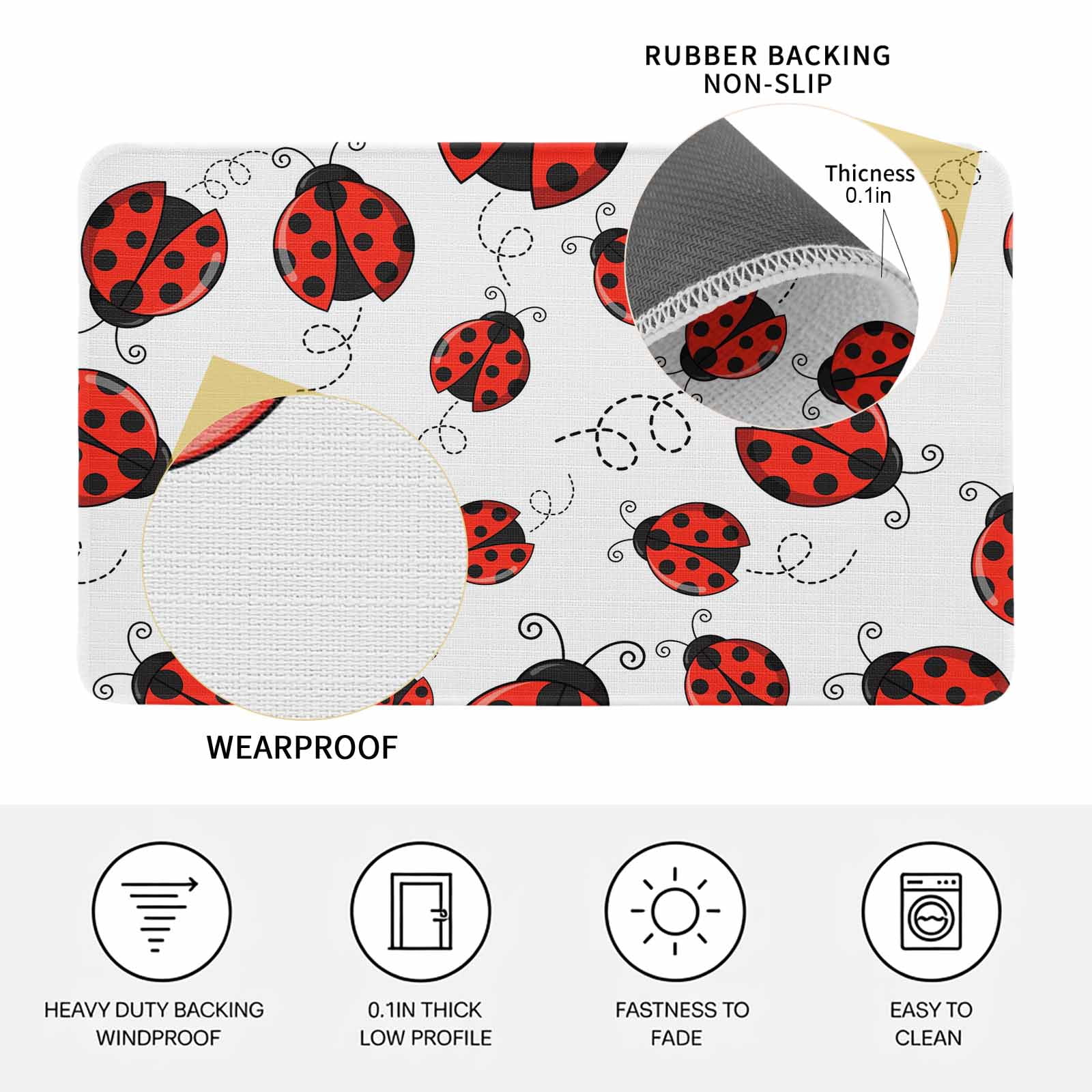 Red Ladybugs Doormat Outdoor Entrance 18"x30", Animal Themed Spring Summer Rustic Absorb Moisture Dirt Door Mats, Non-Slip Rubber Backing Floor Mats Indoor, Low-Profile Front Door Rugs
