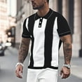 thumbnail image 2 of Hfolob Mens Short Sleeve Polo Shirts Knit Patchwork Striped Button Down Collar Shirt for Fathers Day Gifts Size L, 2 of 5