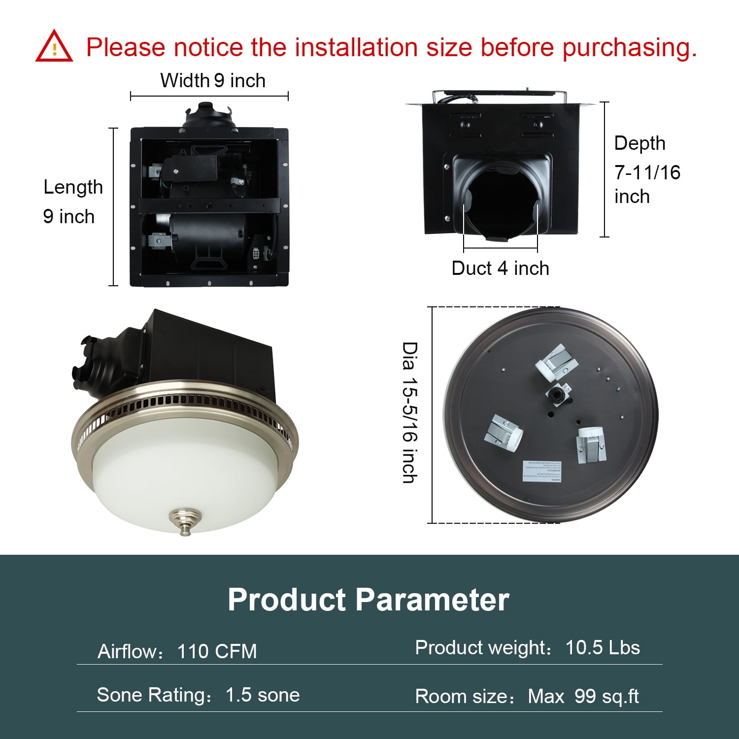 Ultra Quiet Bathroom Exhaust Fan with LED Light and Nightlight 110CFM 1.5 Sone Bathroom Ventilation Fan with Round Frosted Glass Cover Brushed Nickel - LED5000K