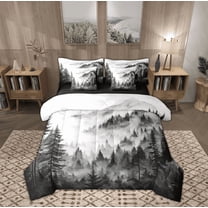 Manfei Farmhouse Nature Scenery Bedding Comforter Set 7 Pieces, Grey Rustic Watercolor Full Bedding Set, Teen Kid Adult Reversible Fitted Sheet Flat Sheet, Ultra Soft Home Decor