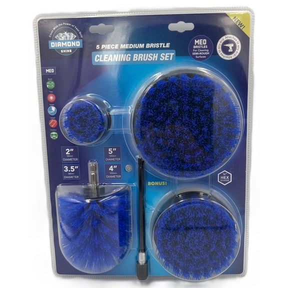Diamond Shine 5-Piece Medium Bristle Drill Brush Set - Power Scrubber for Tile, Grout, Sinks, Tubs, Carpets - Fits All Drills, 6 inch Extension Rod