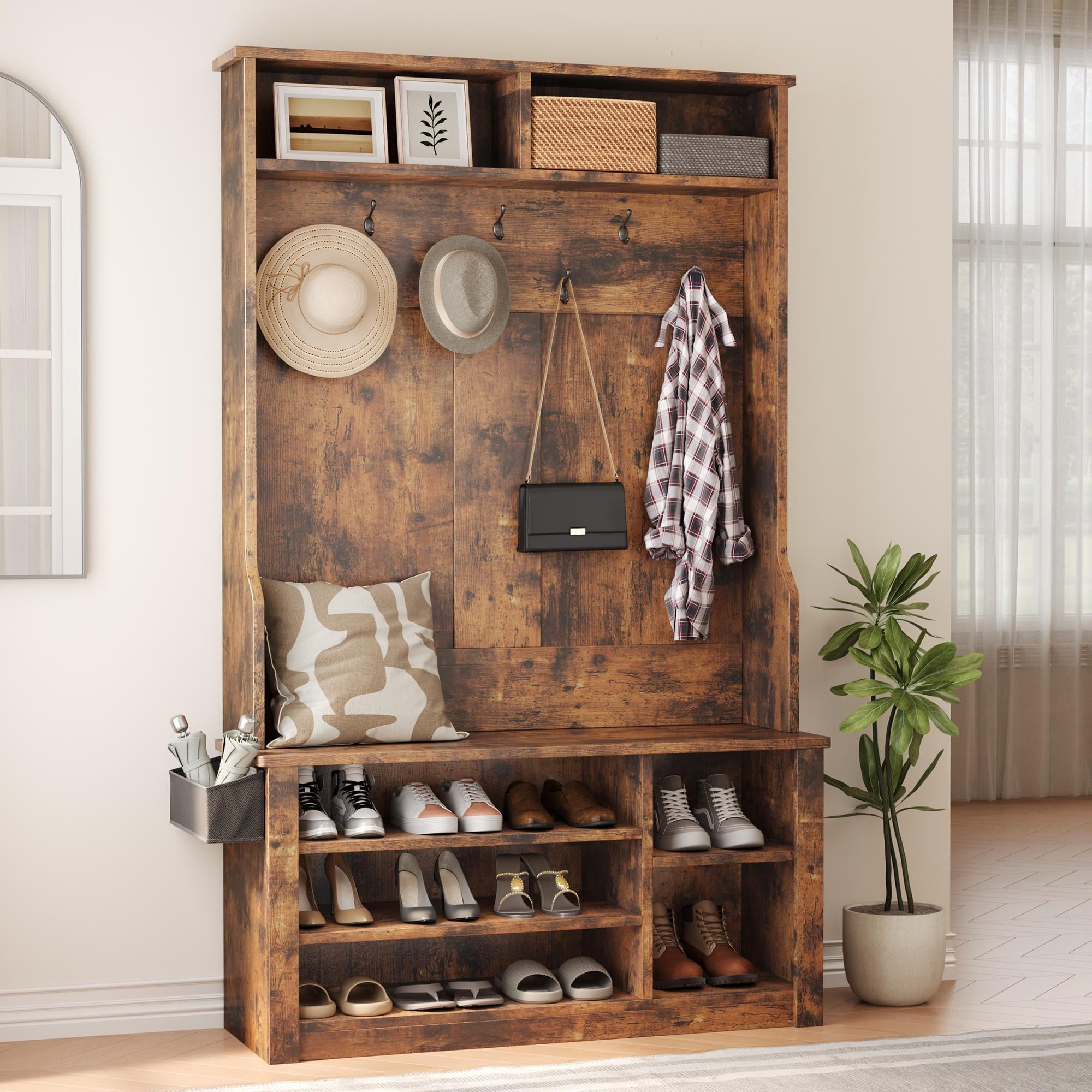 Asofer Modern Hall Tree with Shoe Storage, Front Entryway Furniture, Mudroom Bench with Coat Rack, Retro