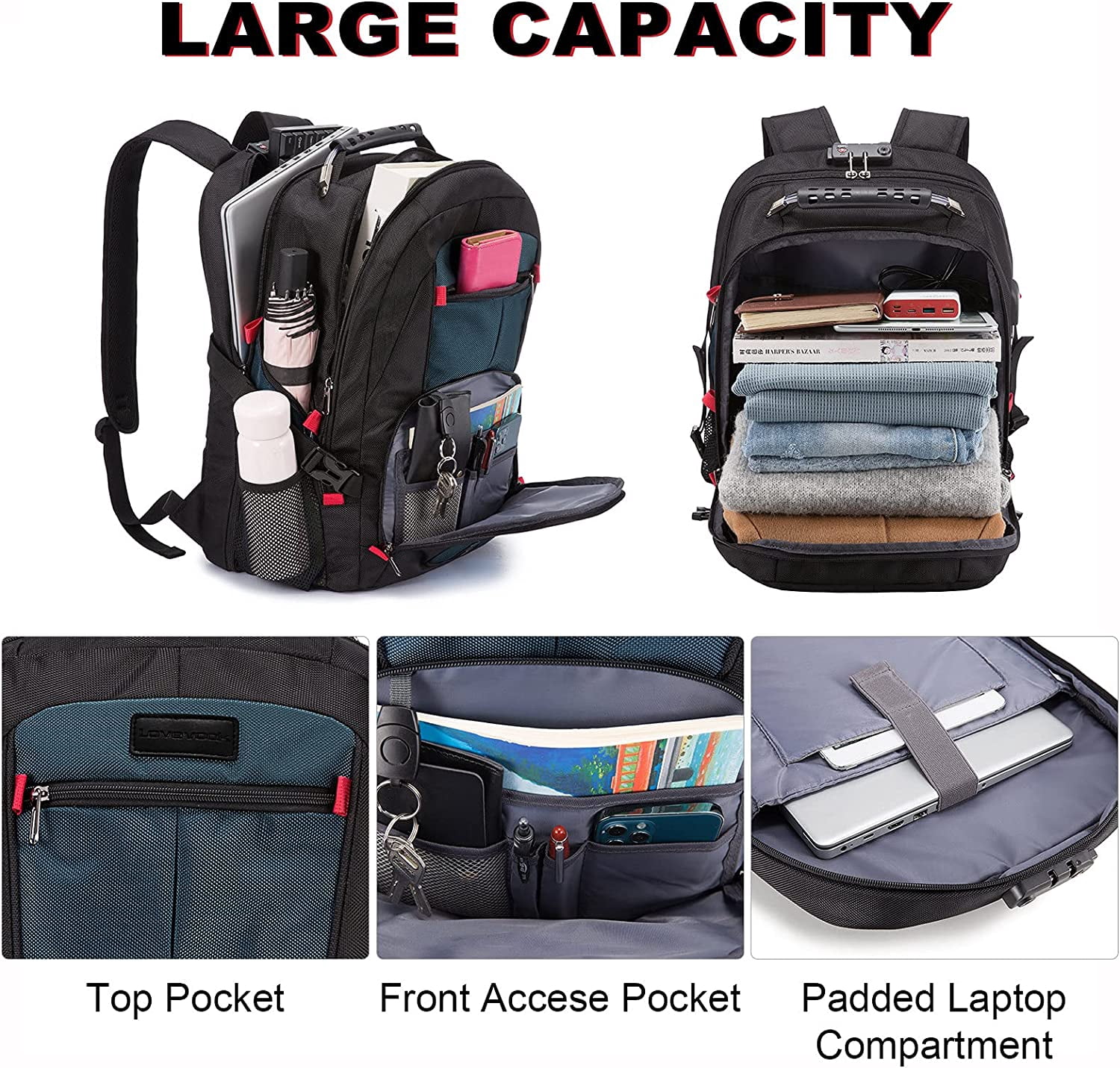 LOVEVOOK 17 Inch Travel Backpack For Men & Women - 45L Anti-Theft Waterproof Laptop Backpack With USB Port